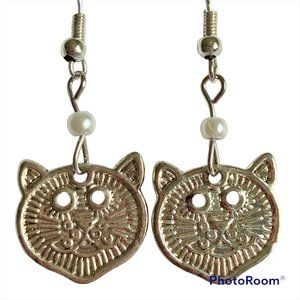 Pearl Kitty Cat Earrings Vintage Charms Lion Tiger Silver Plated Rescue Mom Gift